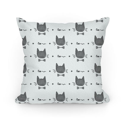 Black and White Watercolor Cat Bow Tie Pattern Pillow