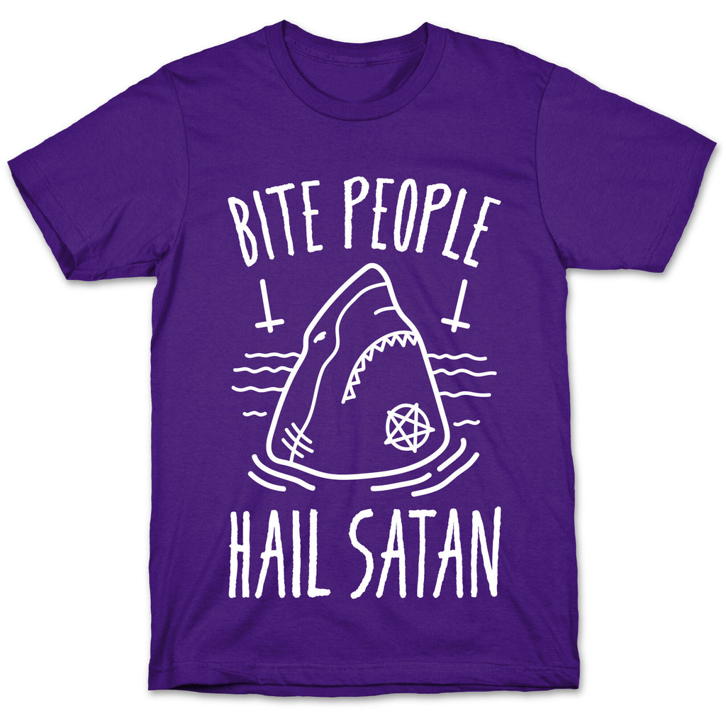 Bite People Hail Satan - Shark (White) T-Shirt