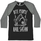 Bite People Hail Satan - Shark (White) Baseball Tee