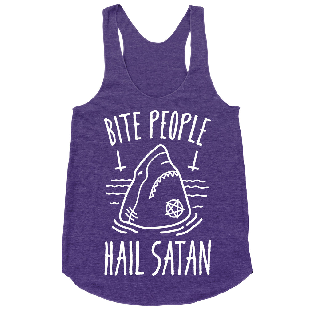 Bite People Hail Satan - Shark (White) Racerback Tank