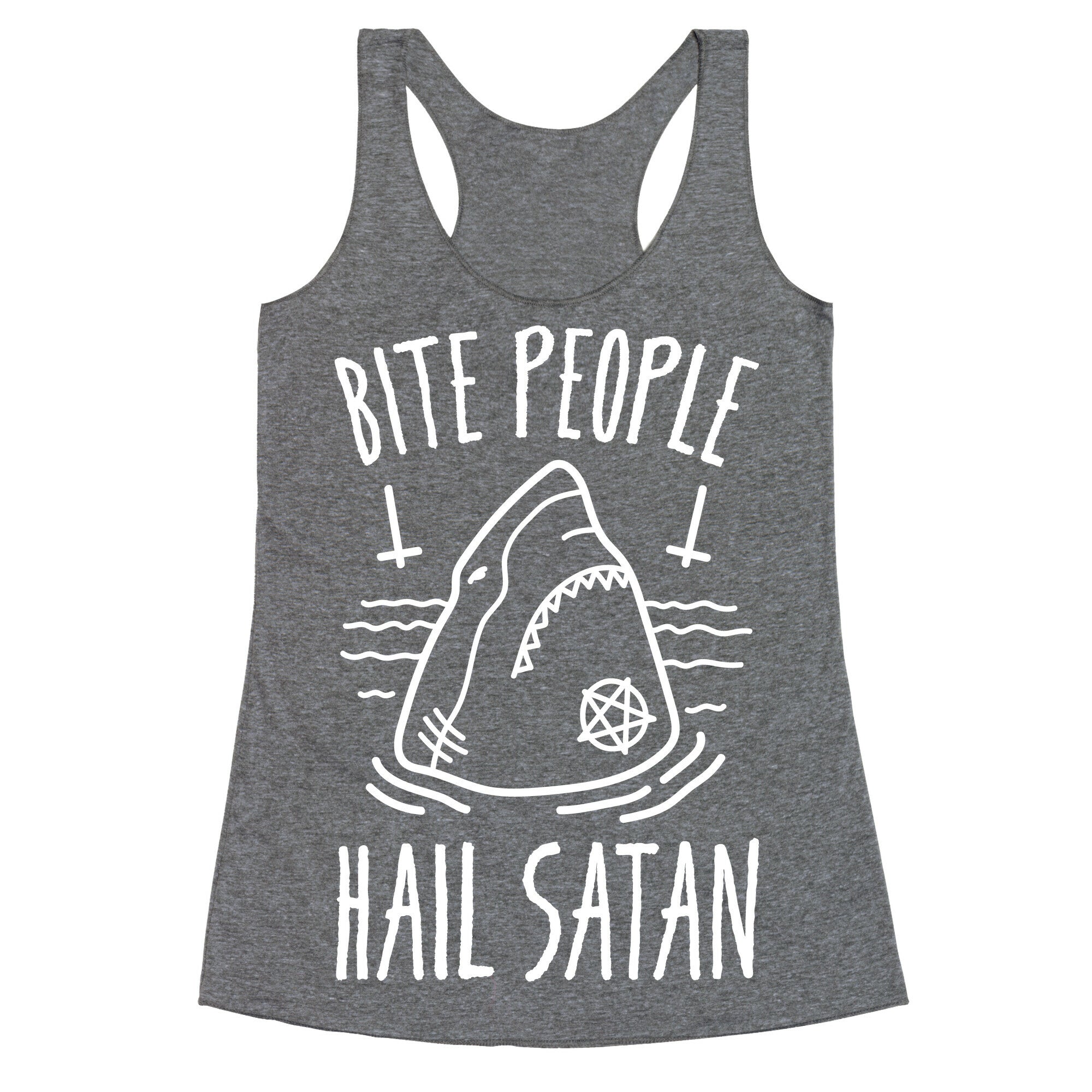 Bite People Hail Satan - Shark (White) Racerback Tank