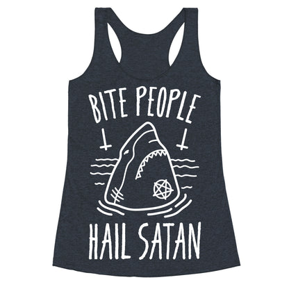 Bite People Hail Satan - Shark (White) Racerback Tank