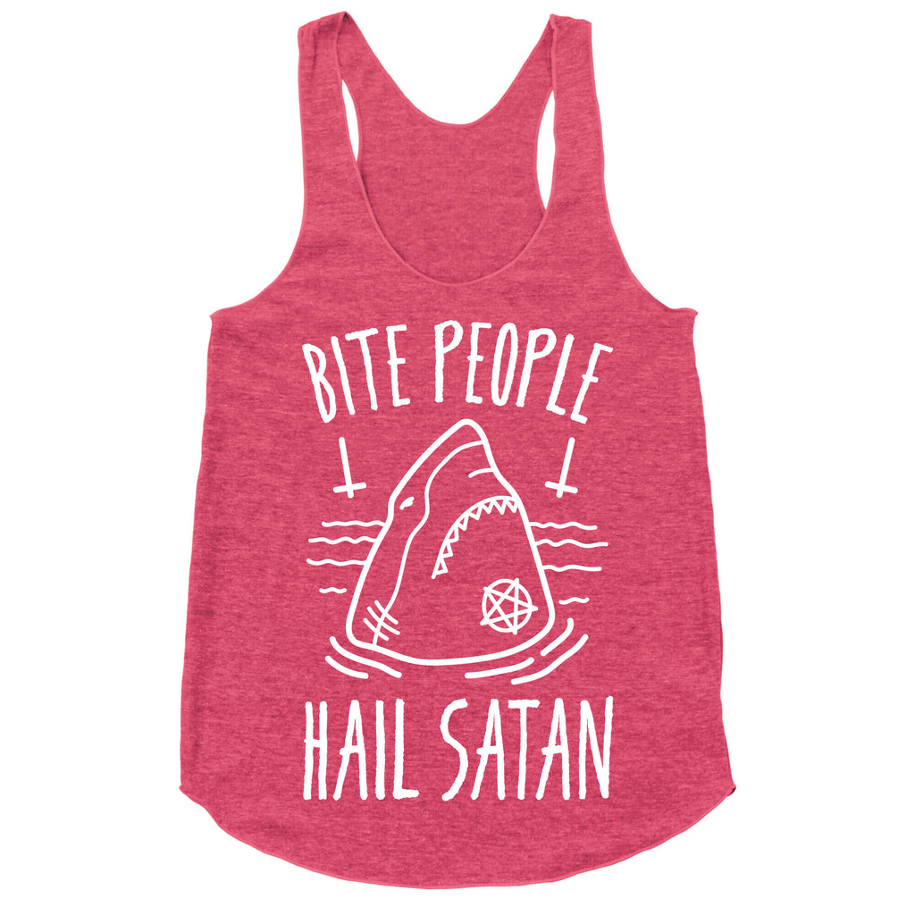 Bite People Hail Satan - Shark (White) Racerback Tank