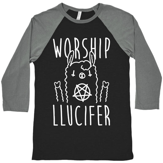Worship Llucifer Llama (White) Baseball Tee
