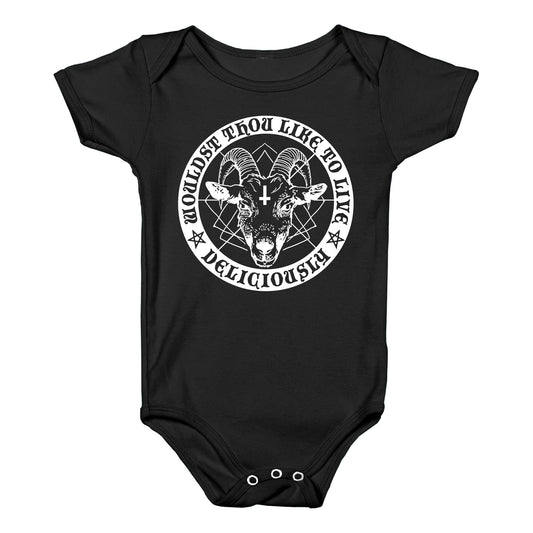 Black Philip: Wouldst Thou Like To Live Deliciously Baby One Piece