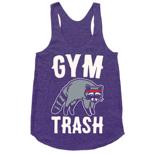 Gym Trash Raccoon White Print Racerback Tank