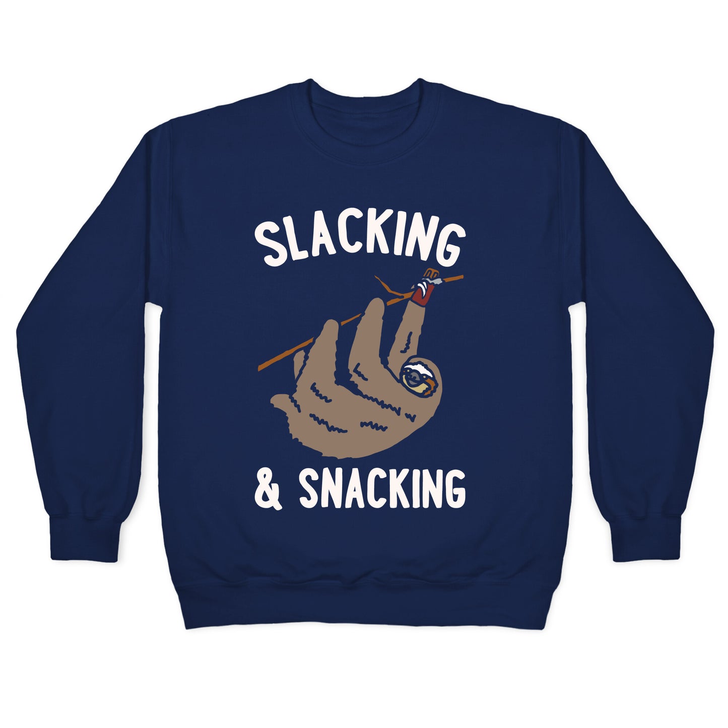 Slacking and Snacking Sloth White Print Crewneck Sweatshirt