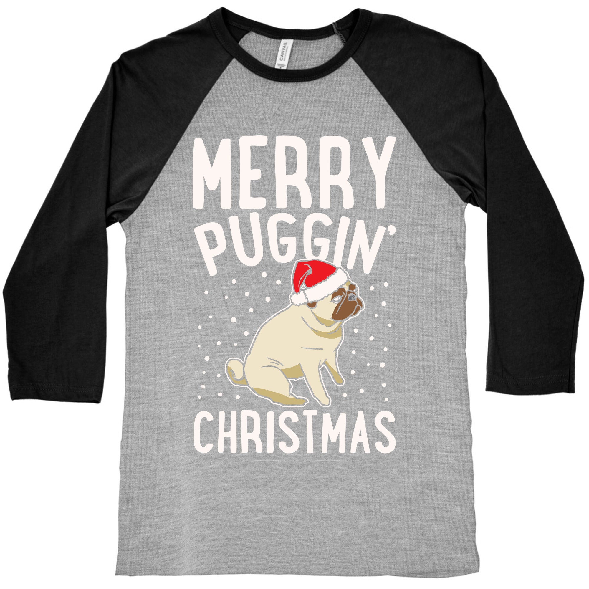 Merry Puggin' Christmas Pug White Print Baseball Tee