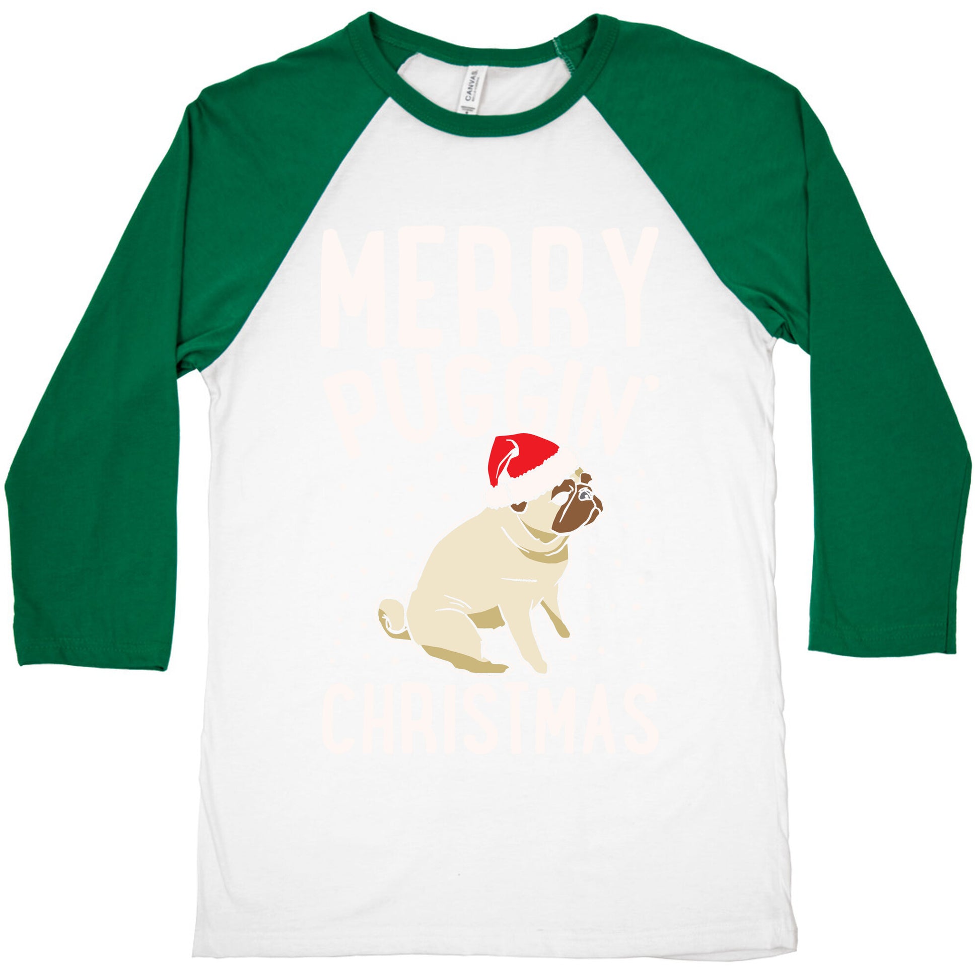 Merry Puggin' Christmas Pug White Print Baseball Tee