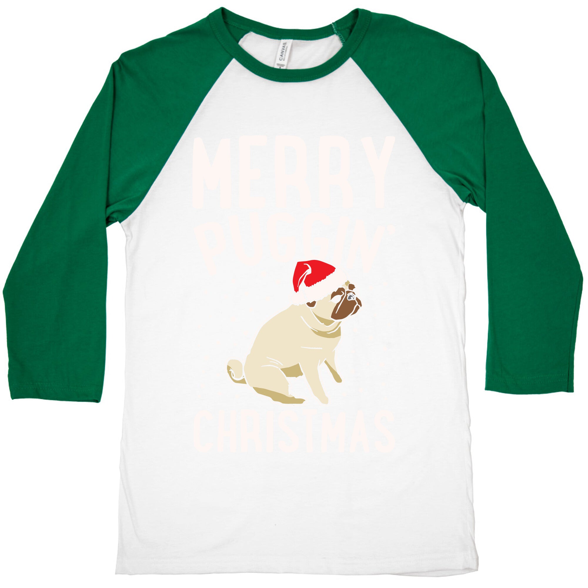 Merry Puggin' Christmas Pug White Print Baseball Tee