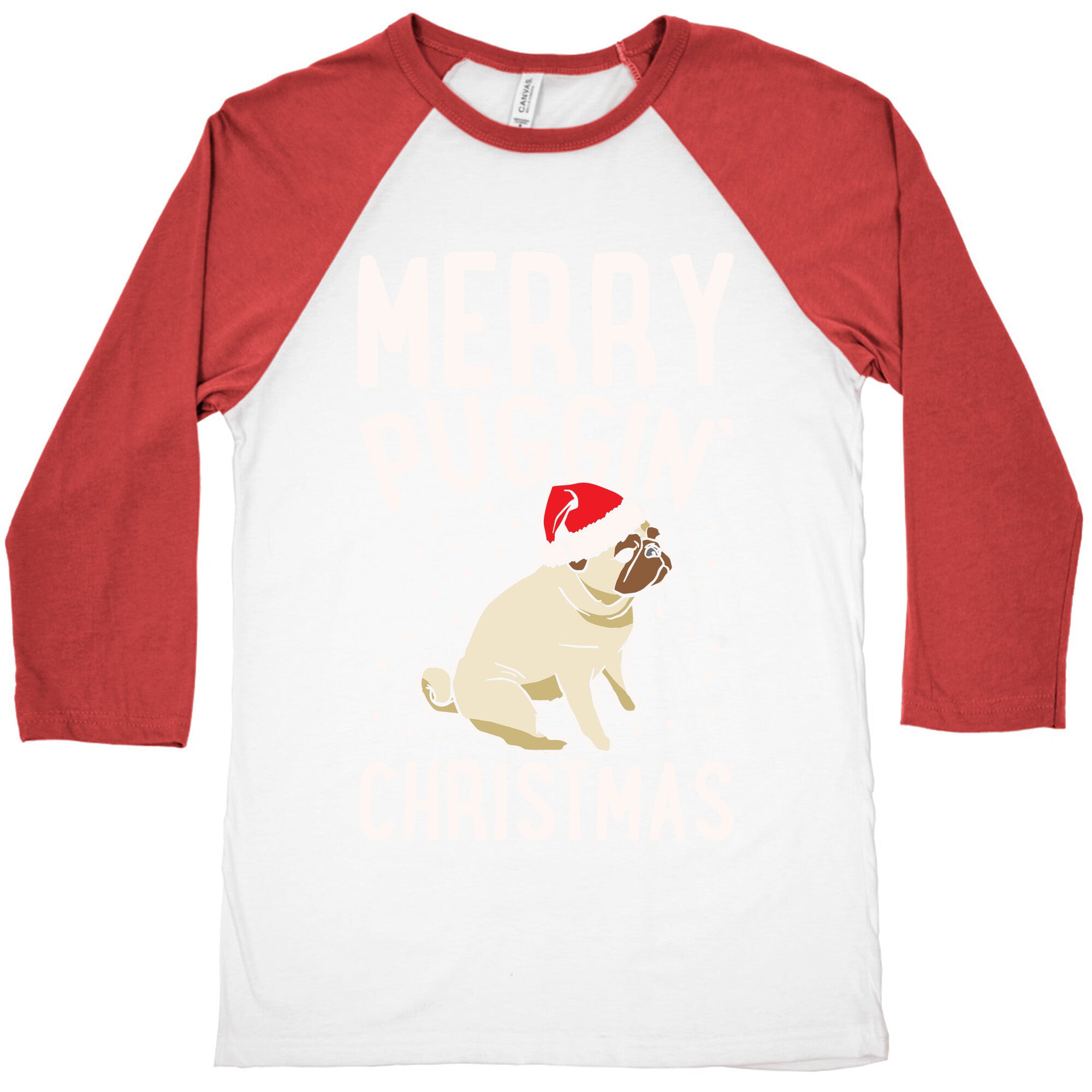 Merry Puggin' Christmas Pug White Print Baseball Tee