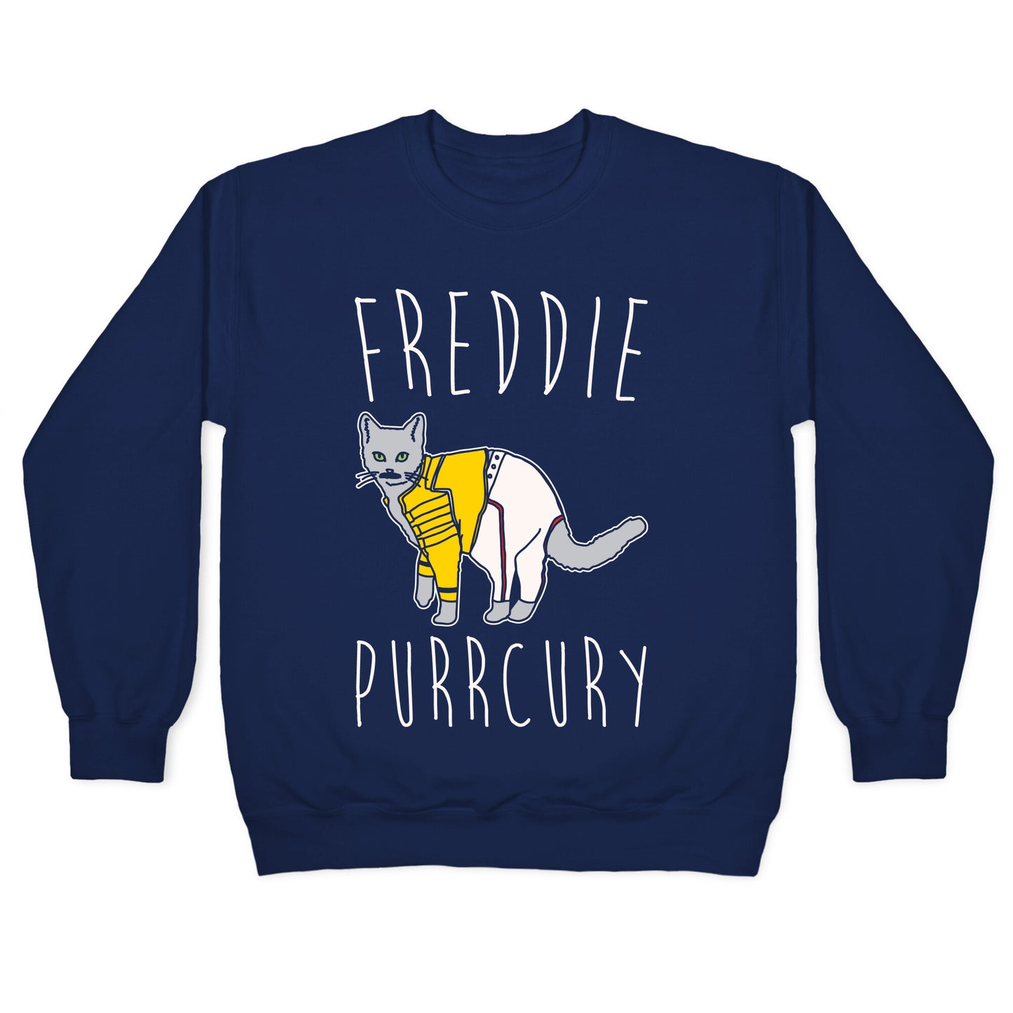 Freddie Purrcury Cat Parody White Print Crewneck Sweatshirt