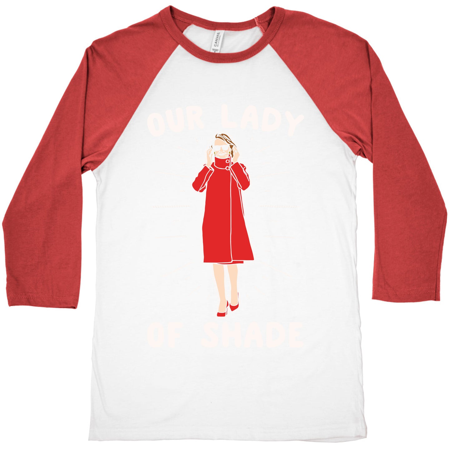 Our Lady Of Shade Nancy Pelosi Parody White Print Baseball Tee