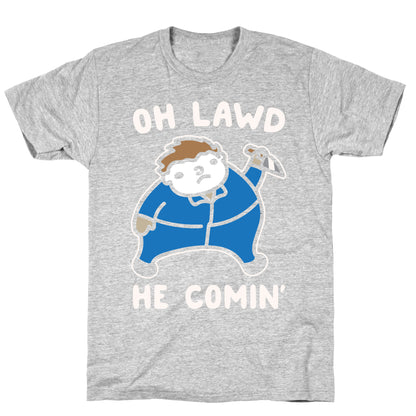 Oh Lawd He Comin' Masked Killer Parody White Print T-Shirt