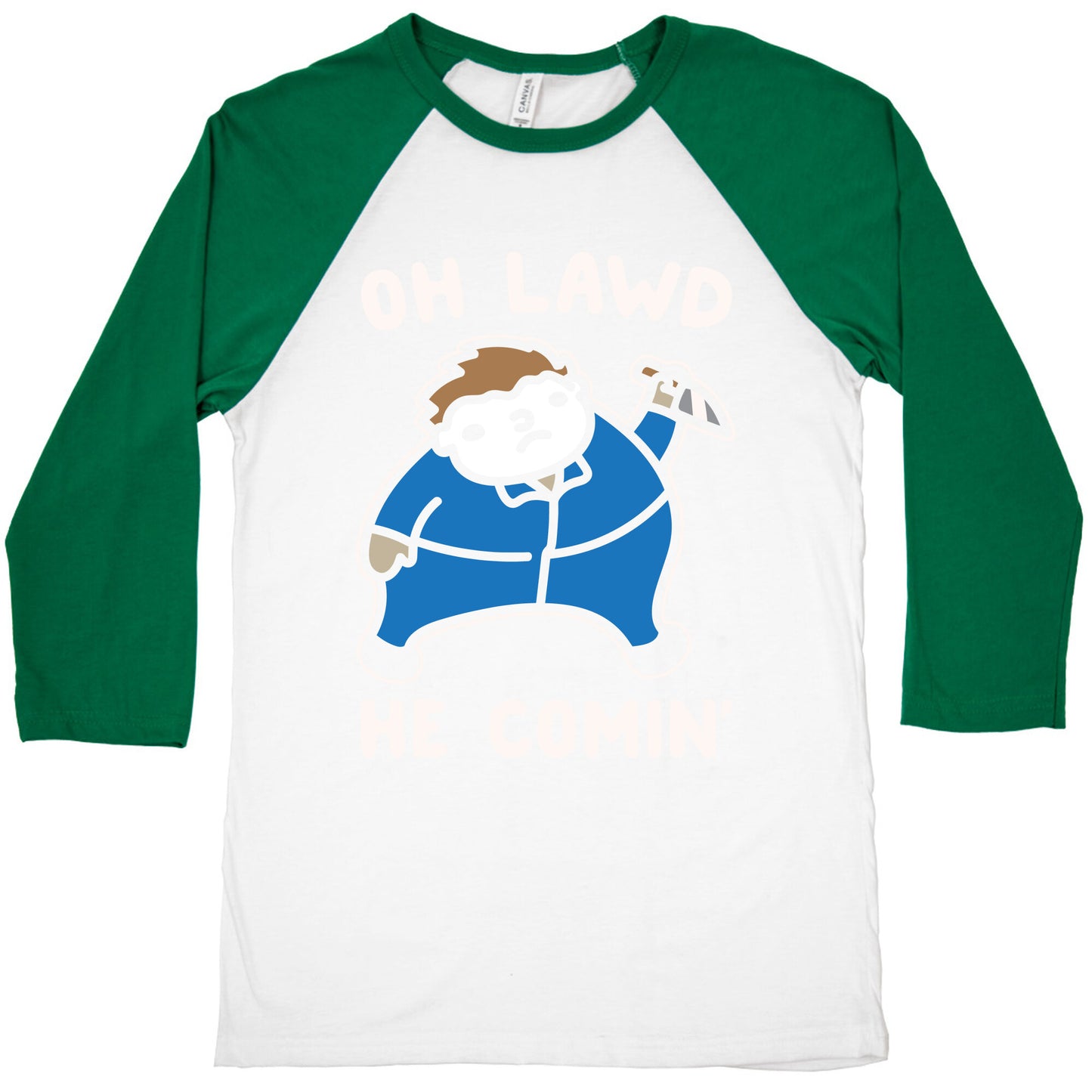 Oh Lawd He Comin' Masked Killer Parody White Print Baseball Tee