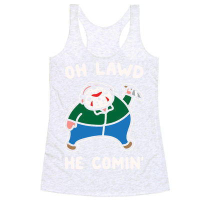 Oh Lawd He Comin' Parody White Print (Hockey Mask Killer)  Racerback Tank