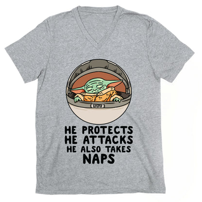 He Protects He Attacks He Also Takes Naps V-Neck