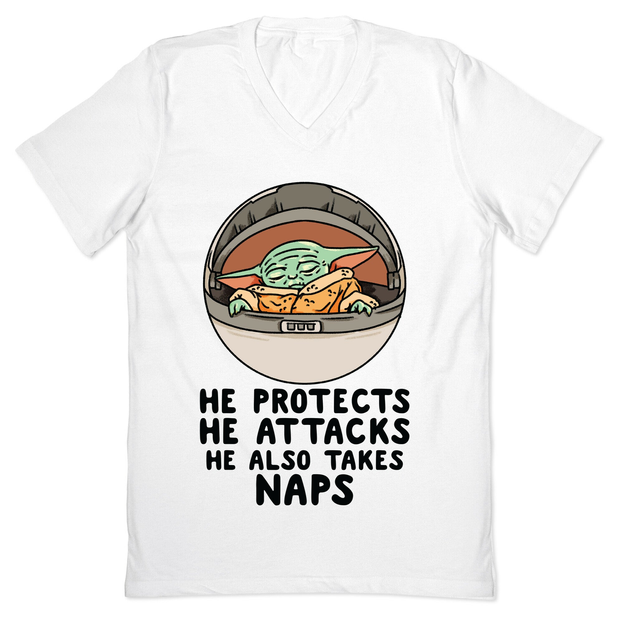 He Protects He Attacks He Also Takes Naps V-Neck