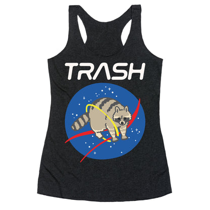 Trash Raccoon Nasa Logo Parody White Print Racerback Tank