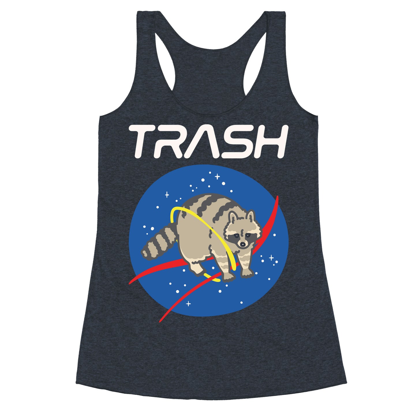 Trash Raccoon Nasa Logo Parody White Print Racerback Tank