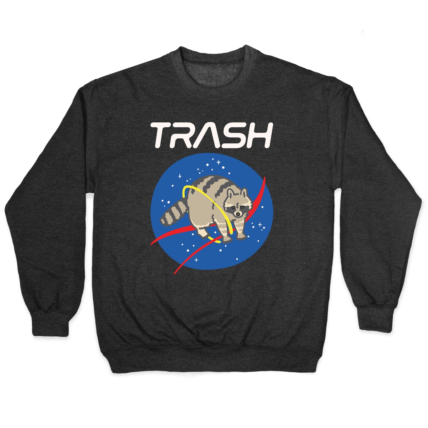 Trash Raccoon Nasa Logo Parody White Print Crewneck Sweatshirt