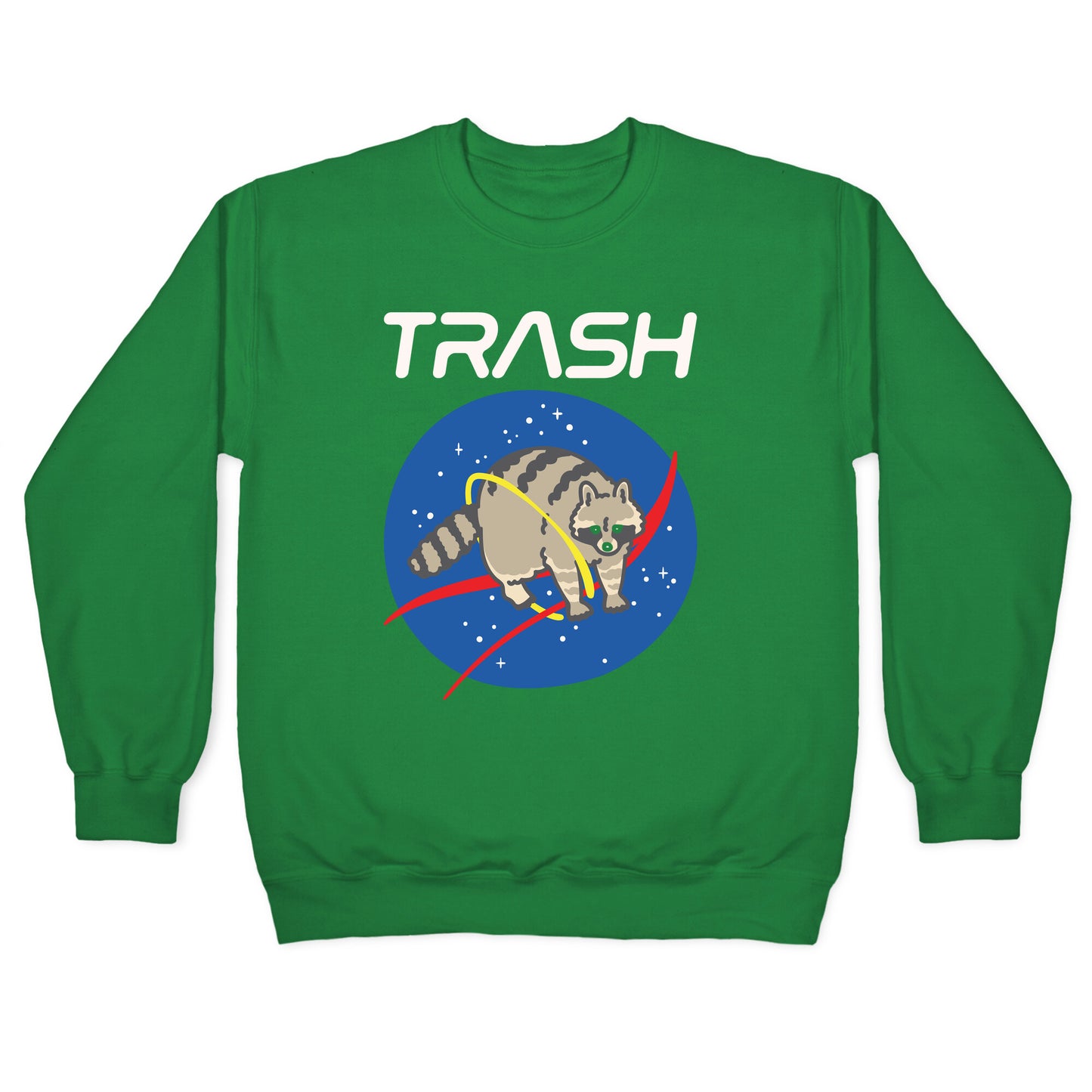 Trash Raccoon Nasa Logo Parody White Print Crewneck Sweatshirt