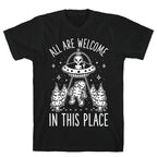 All are Welcome in this Place Bigfoot Alien Abduction T-Shirt