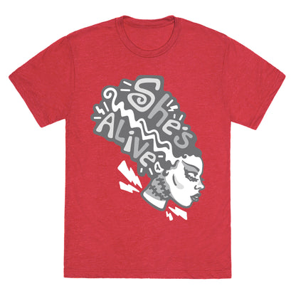 She's Alive Bride of Frankenstein Parody White Print Unisex Triblend Tee