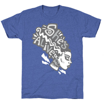She's Alive Bride of Frankenstein Parody White Print Unisex Triblend Tee