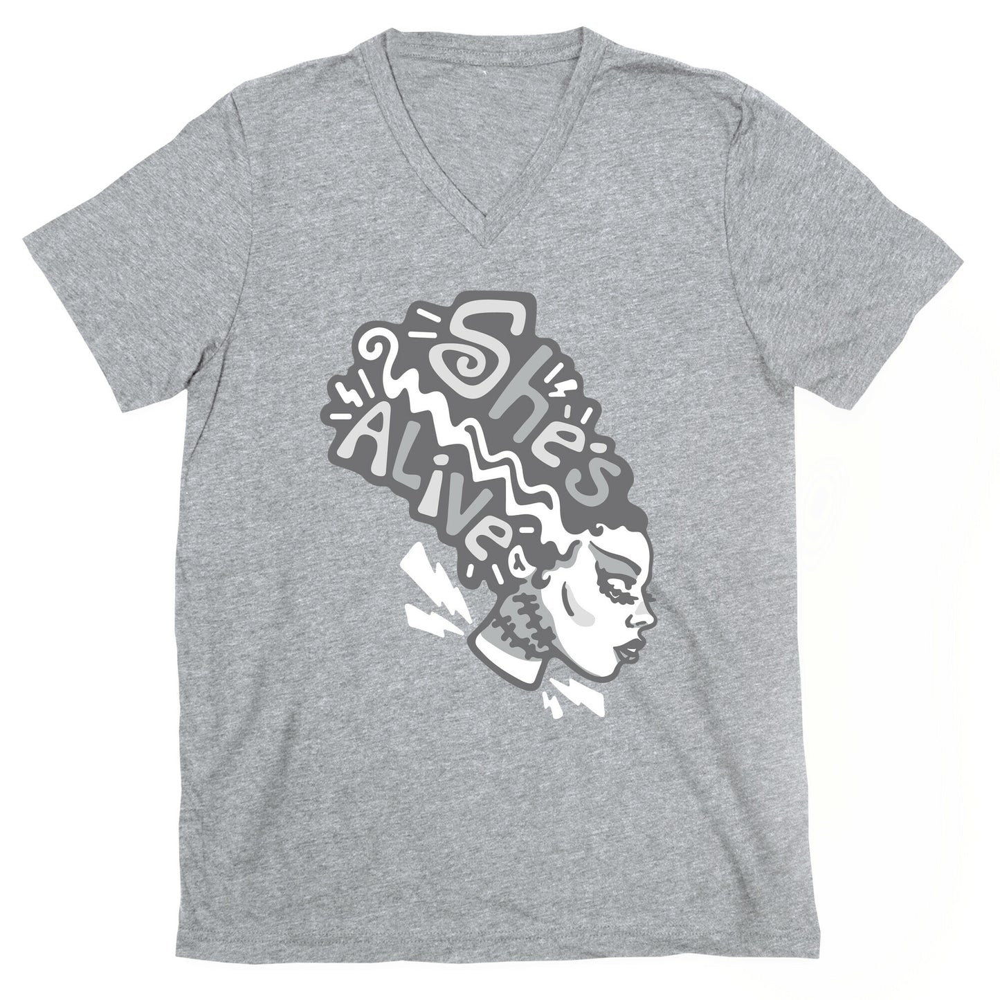 She's Alive Bride of Frankenstein Parody White Print V-Neck