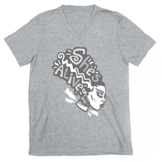 She's Alive Bride of Frankenstein Parody White Print V-Neck