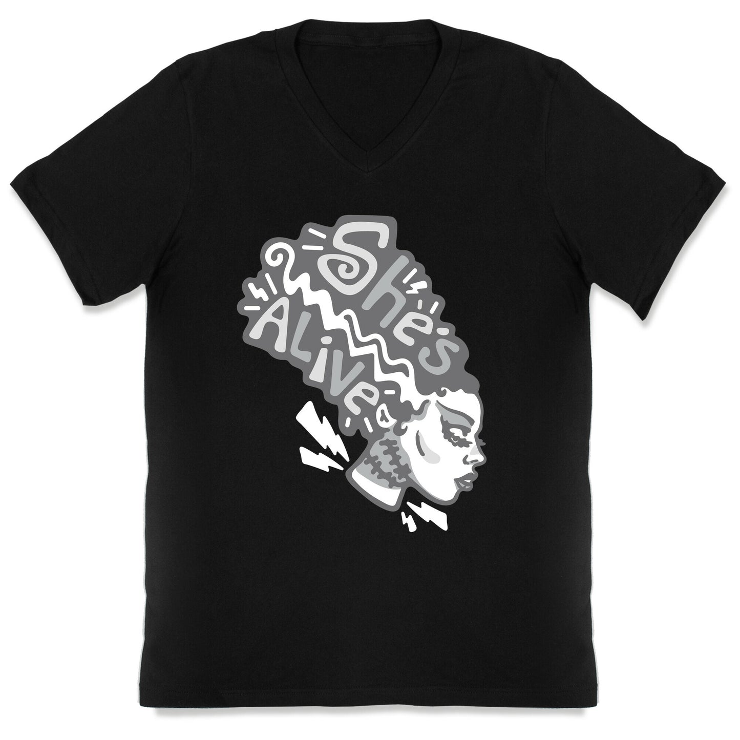 She's Alive Bride of Frankenstein Parody White Print V-Neck