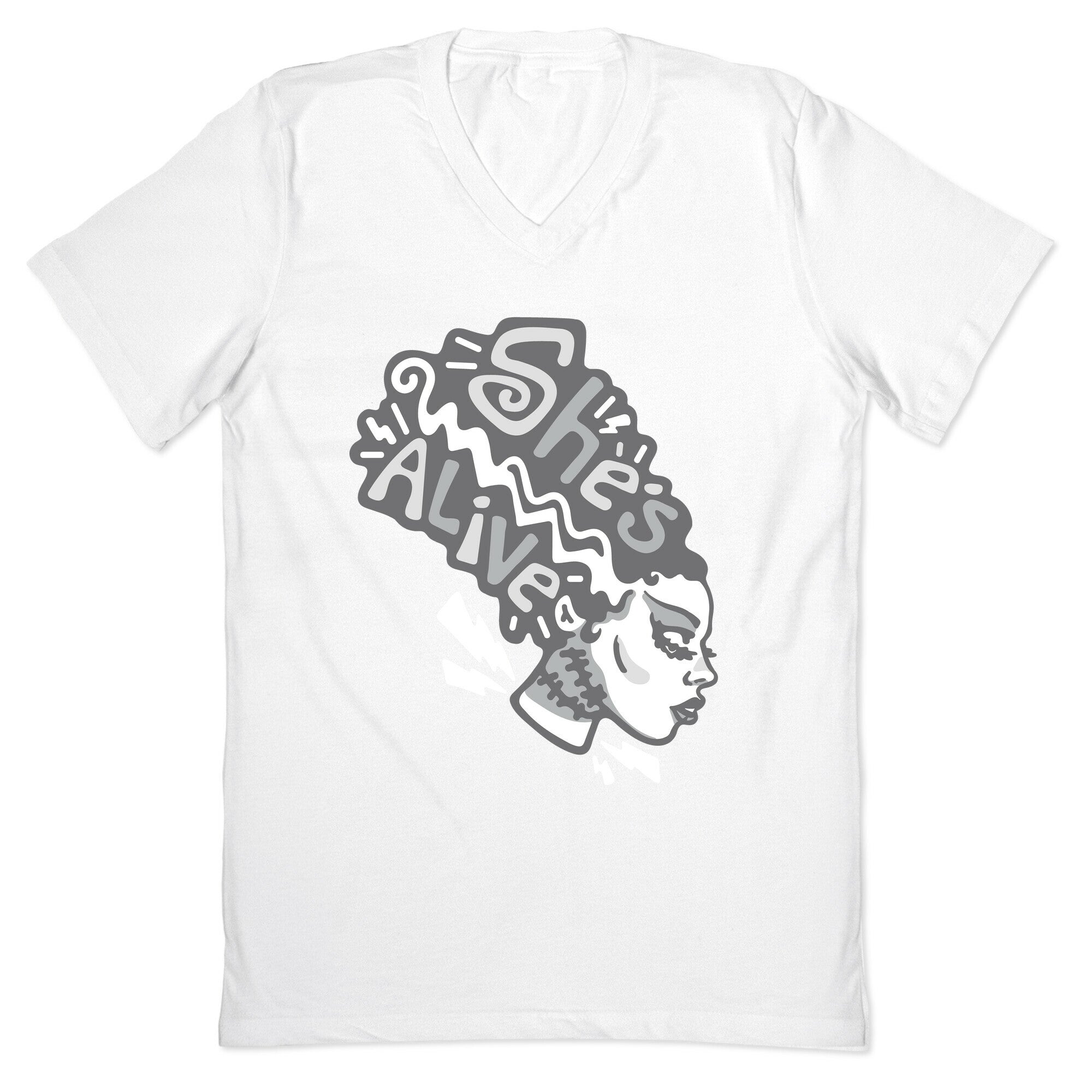 She's Alive Bride of Frankenstein Parody White Print V-Neck