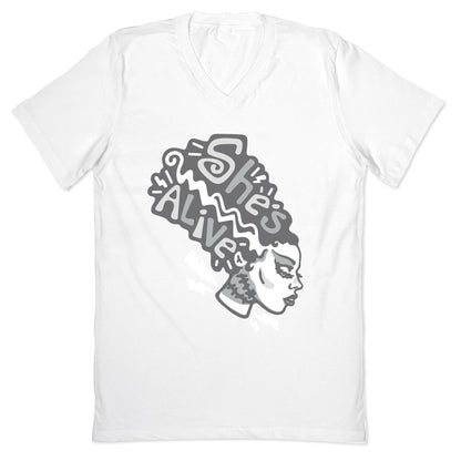 She's Alive Bride of Frankenstein Parody White Print V-Neck