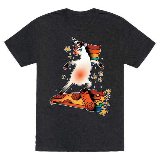 Rad Unicorn Skateboarding a Pizza Tattoo Unisex Triblend Tee