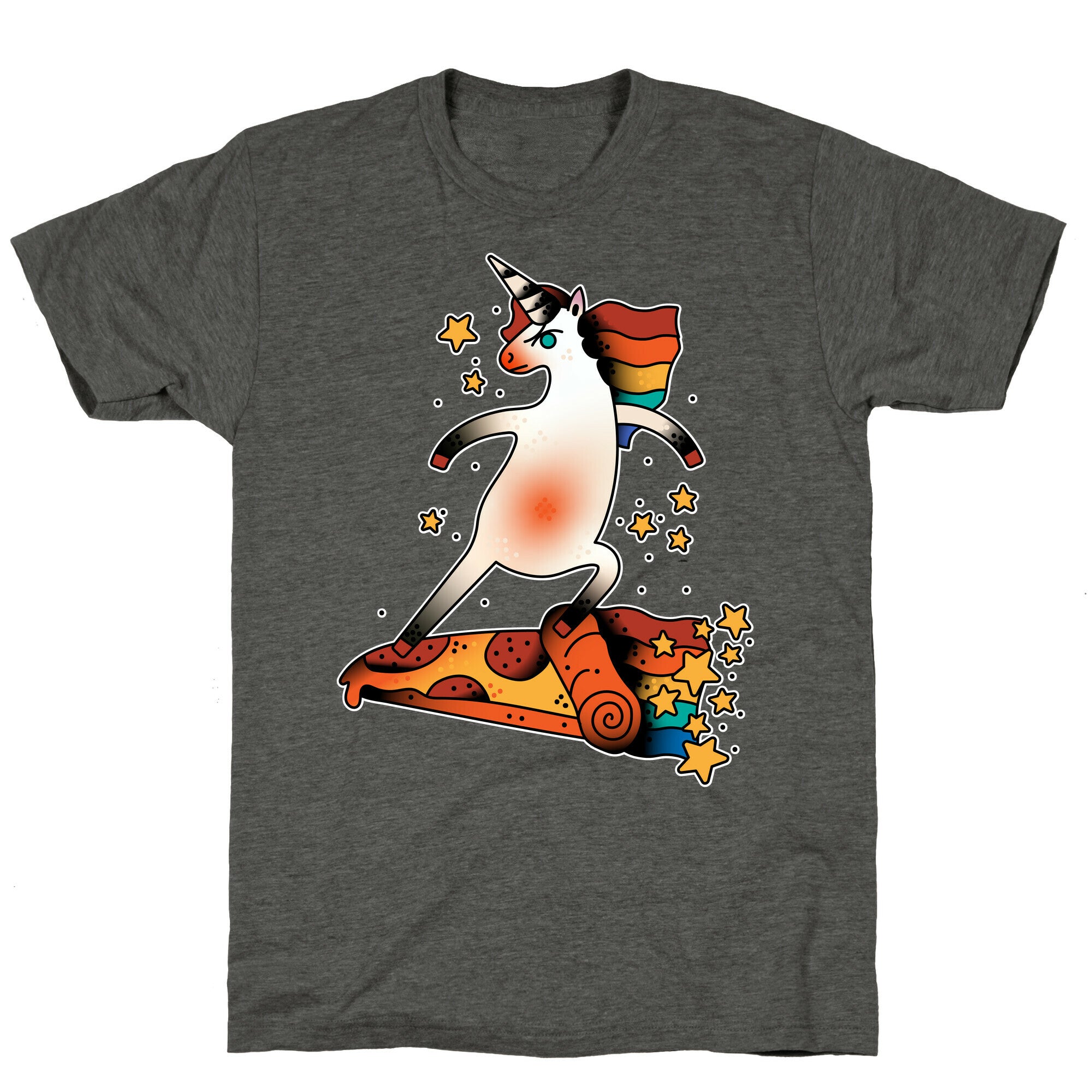 Rad Unicorn Skateboarding a Pizza Tattoo Unisex Triblend Tee