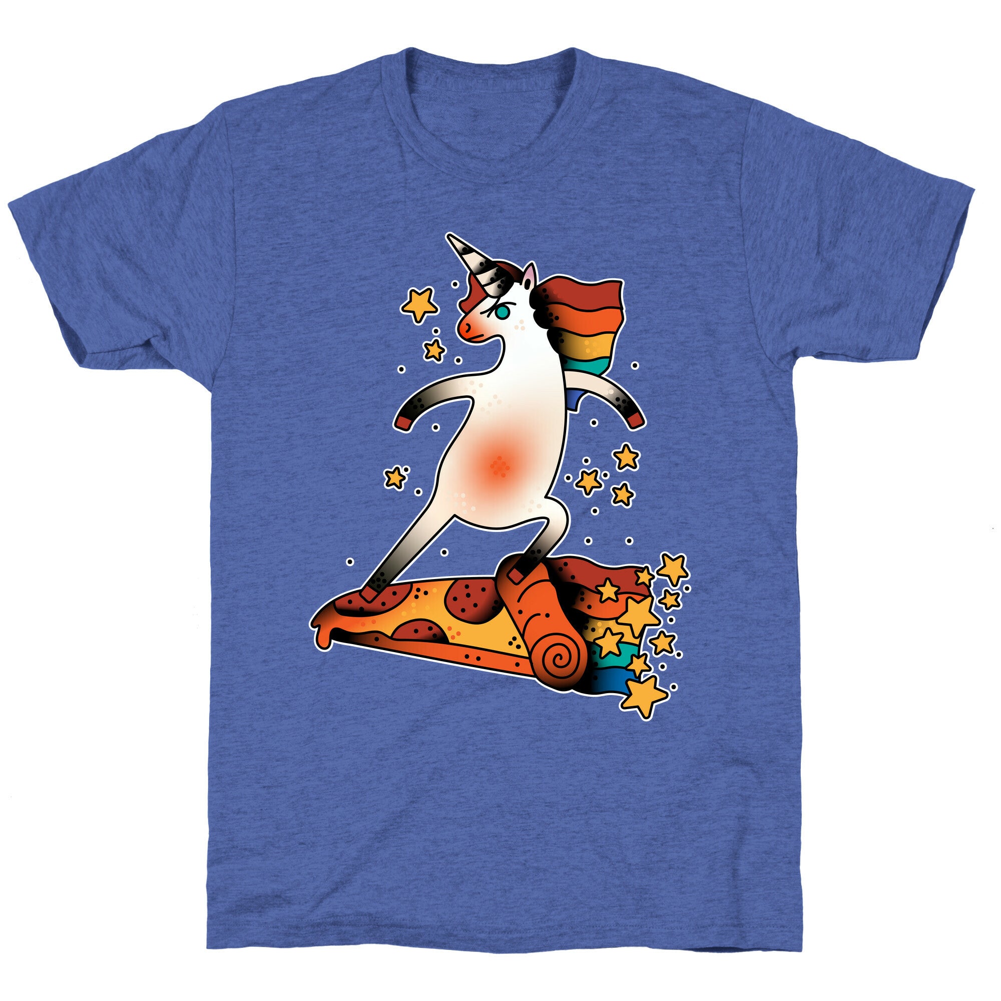 Rad Unicorn Skateboarding a Pizza Tattoo Unisex Triblend Tee