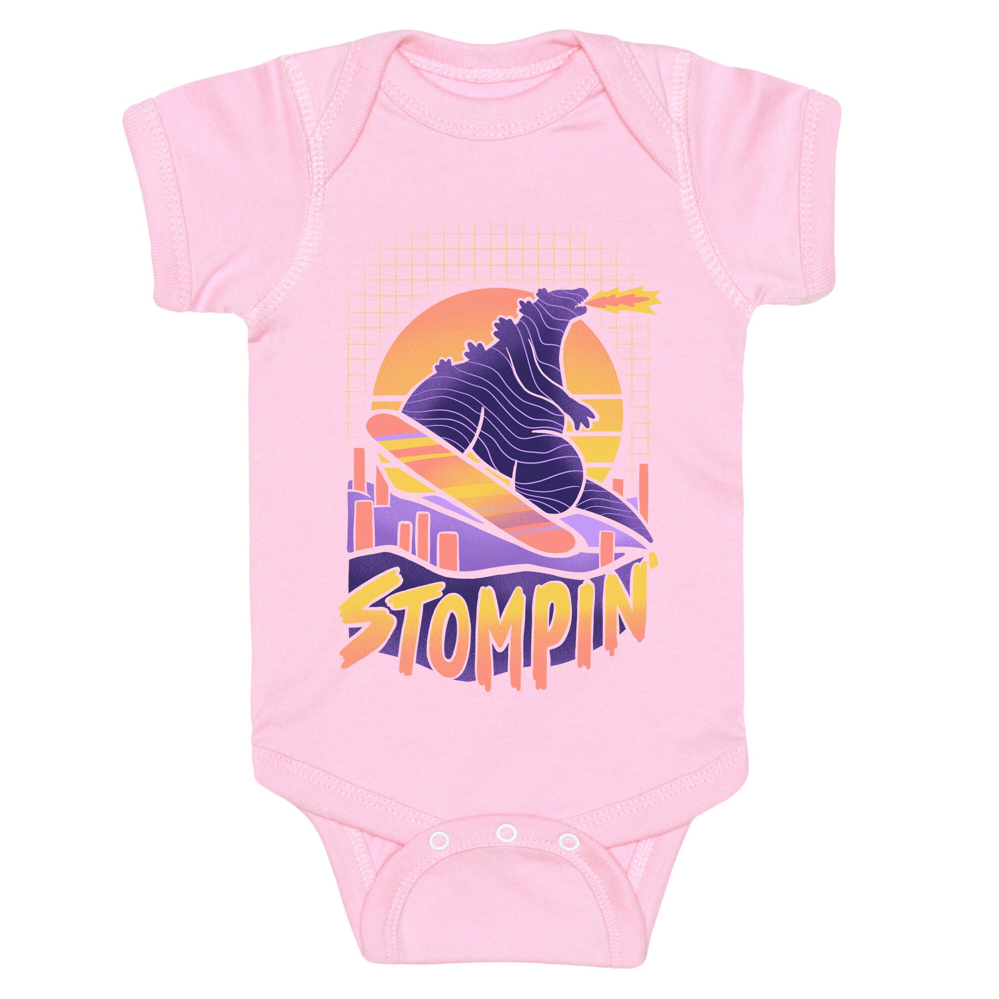 Stompin' Snowboarding Godzilla Baby One Piece