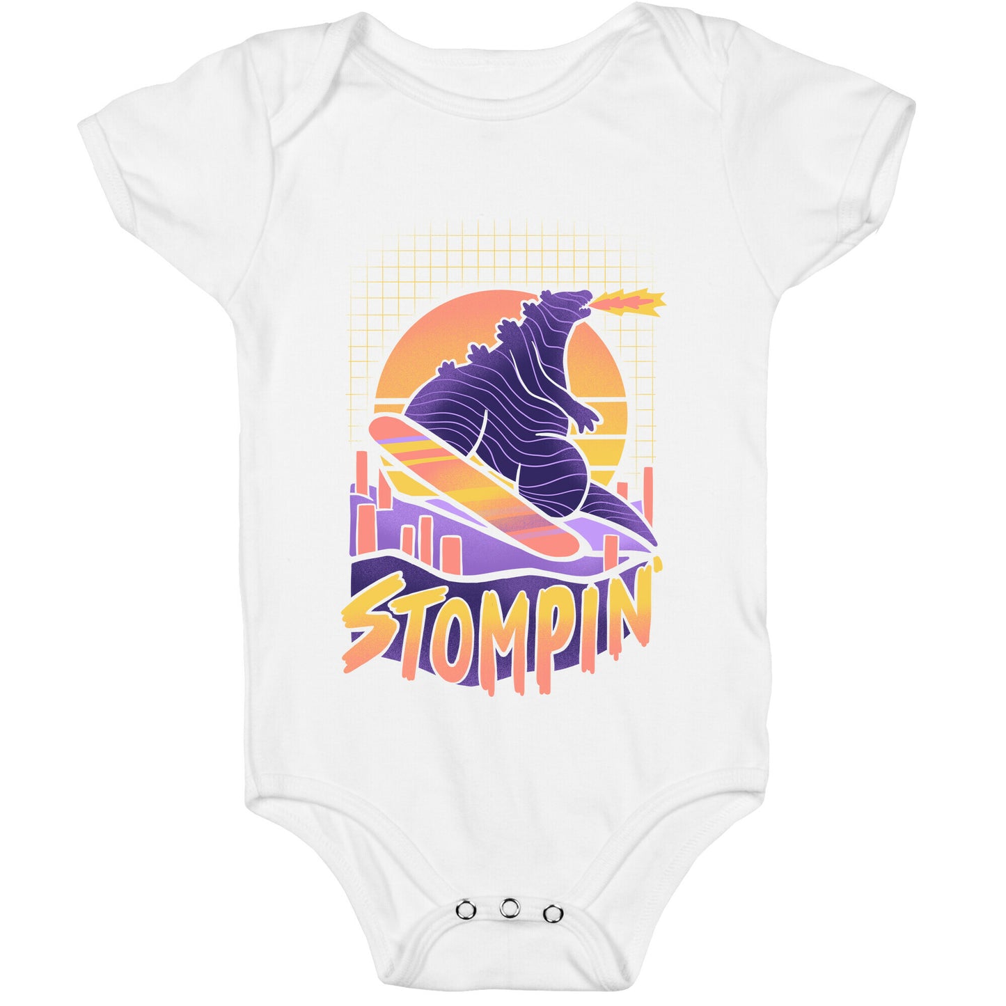Stompin' Snowboarding Godzilla Baby One Piece