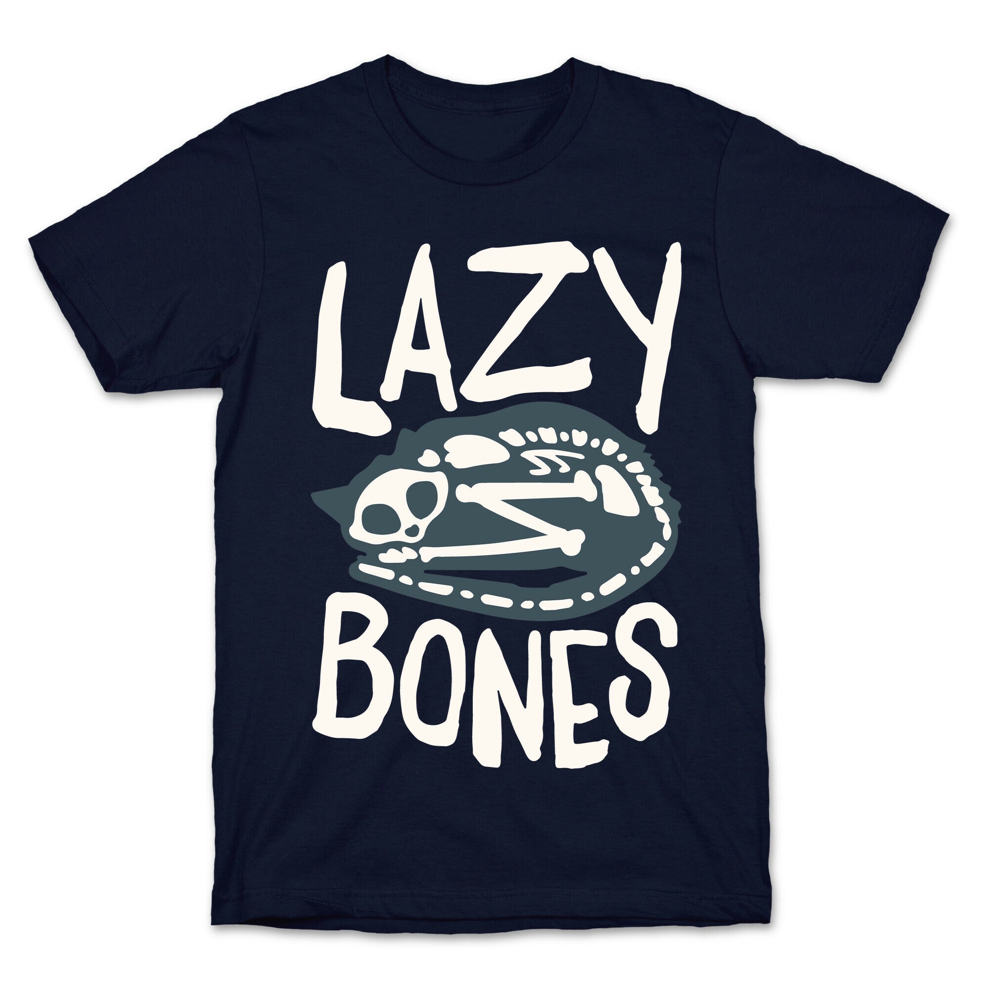 Lazy Bones Cat Skeleton White Print T-Shirt