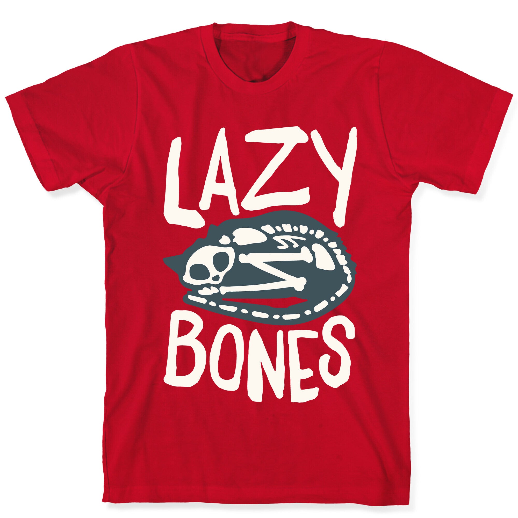 Lazy Bones Cat Skeleton White Print T-Shirt
