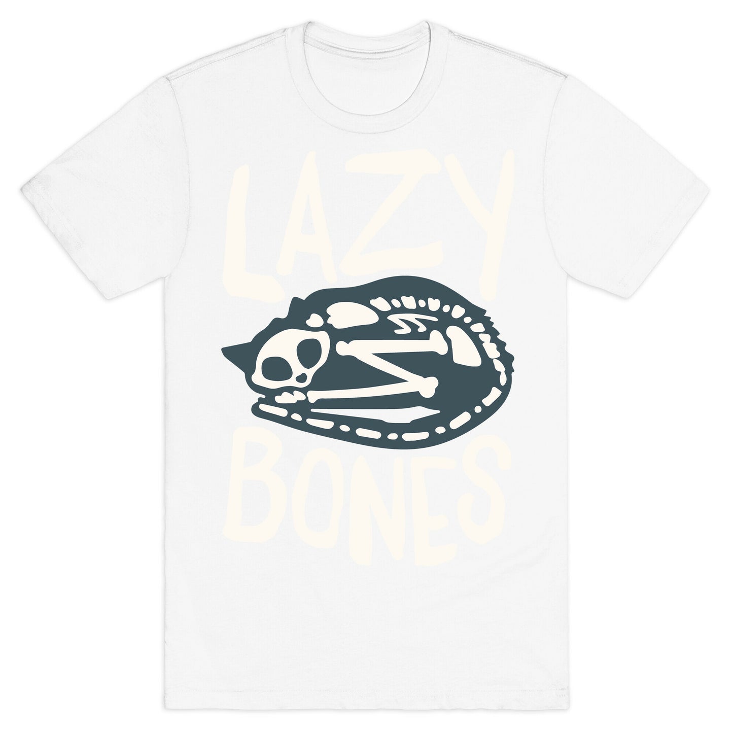 Lazy Bones Cat Skeleton White Print T-Shirt