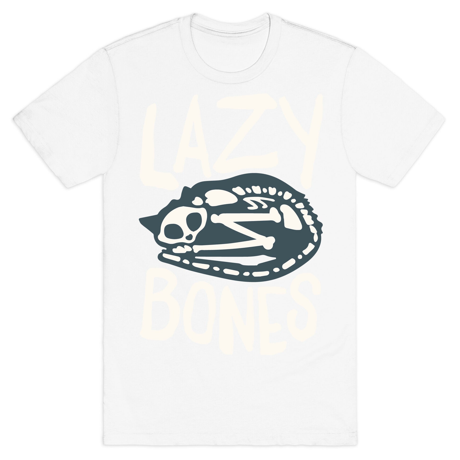 Lazy Bones Cat Skeleton White Print T-Shirt