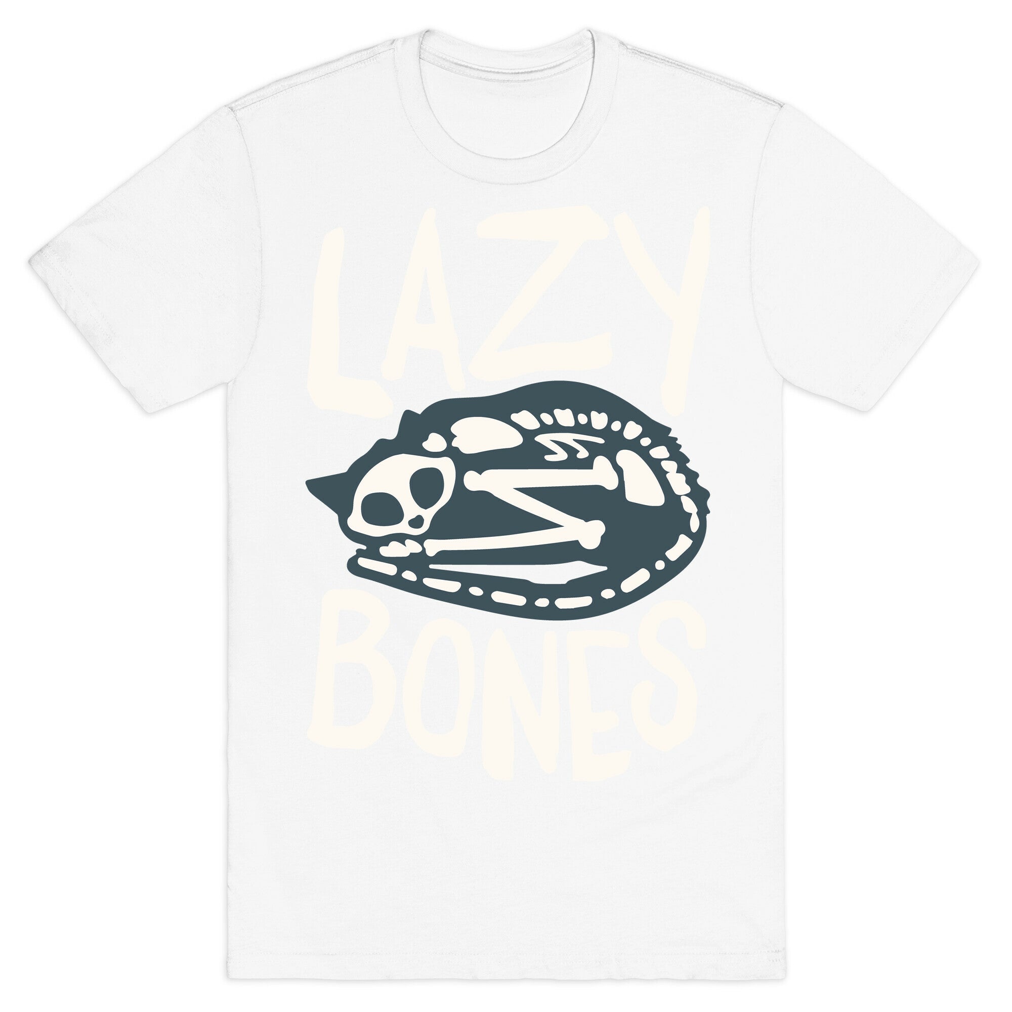 Lazy Bones Cat Skeleton White Print T-Shirt