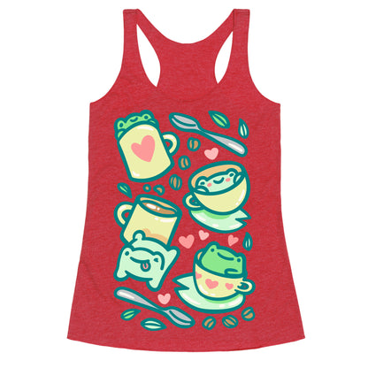 Coffee And Tea Frogs White Print Racerback Tank