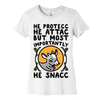 He Protecc He Attac But Most Importantly He Snacc Goat Parody Women's Cotton Tee