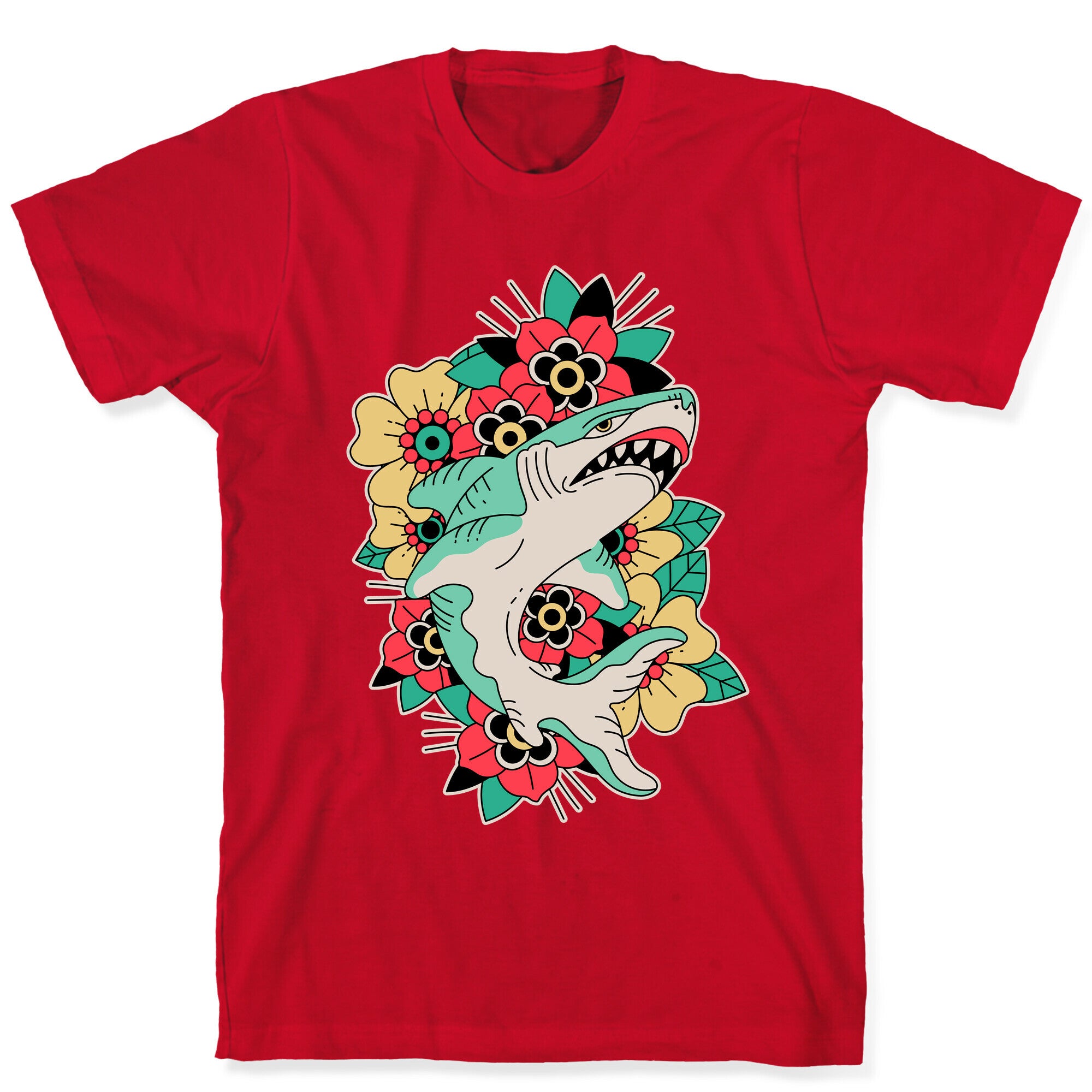 Floral Shark Traditional Tattoo T-Shirt