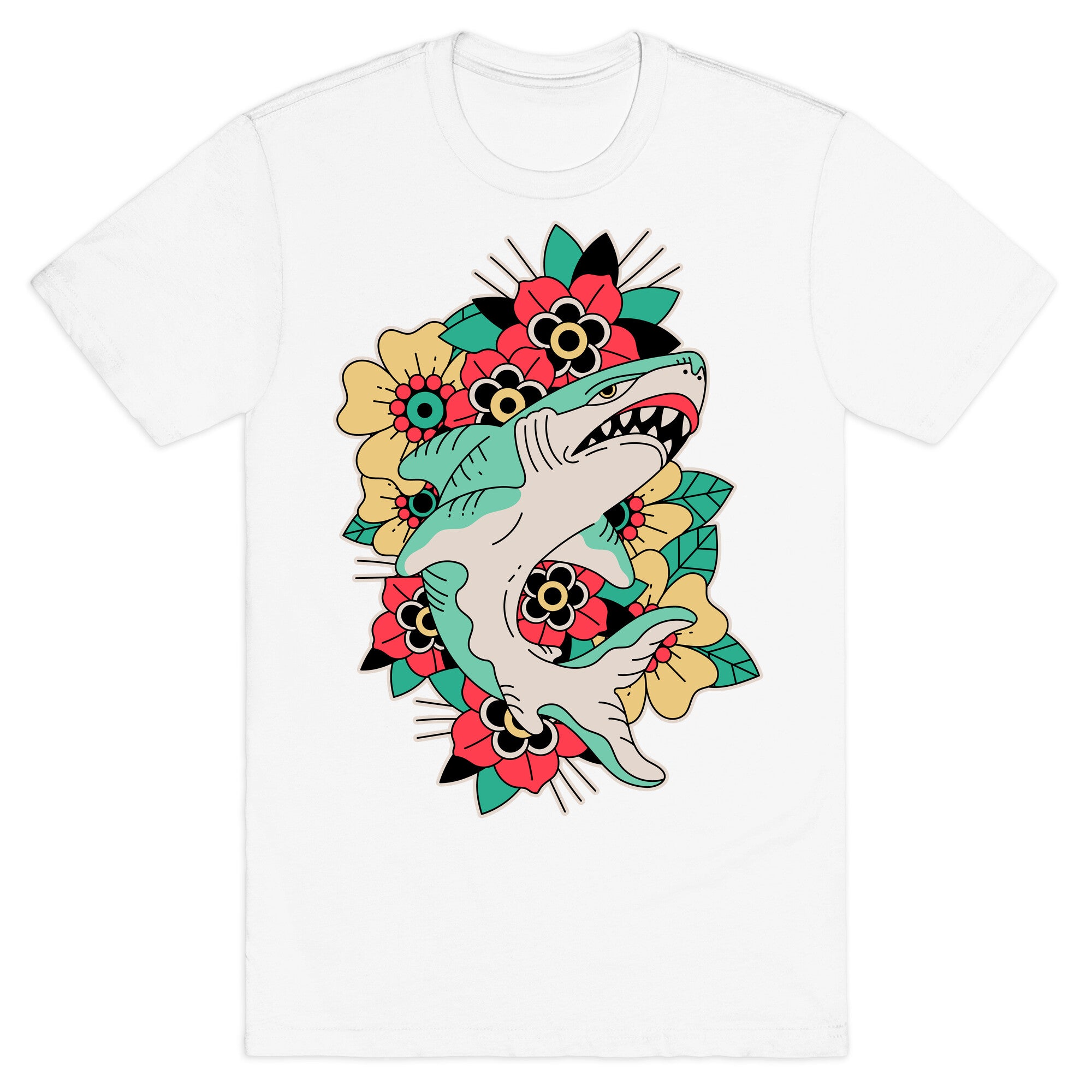 Floral Shark Traditional Tattoo T-Shirt