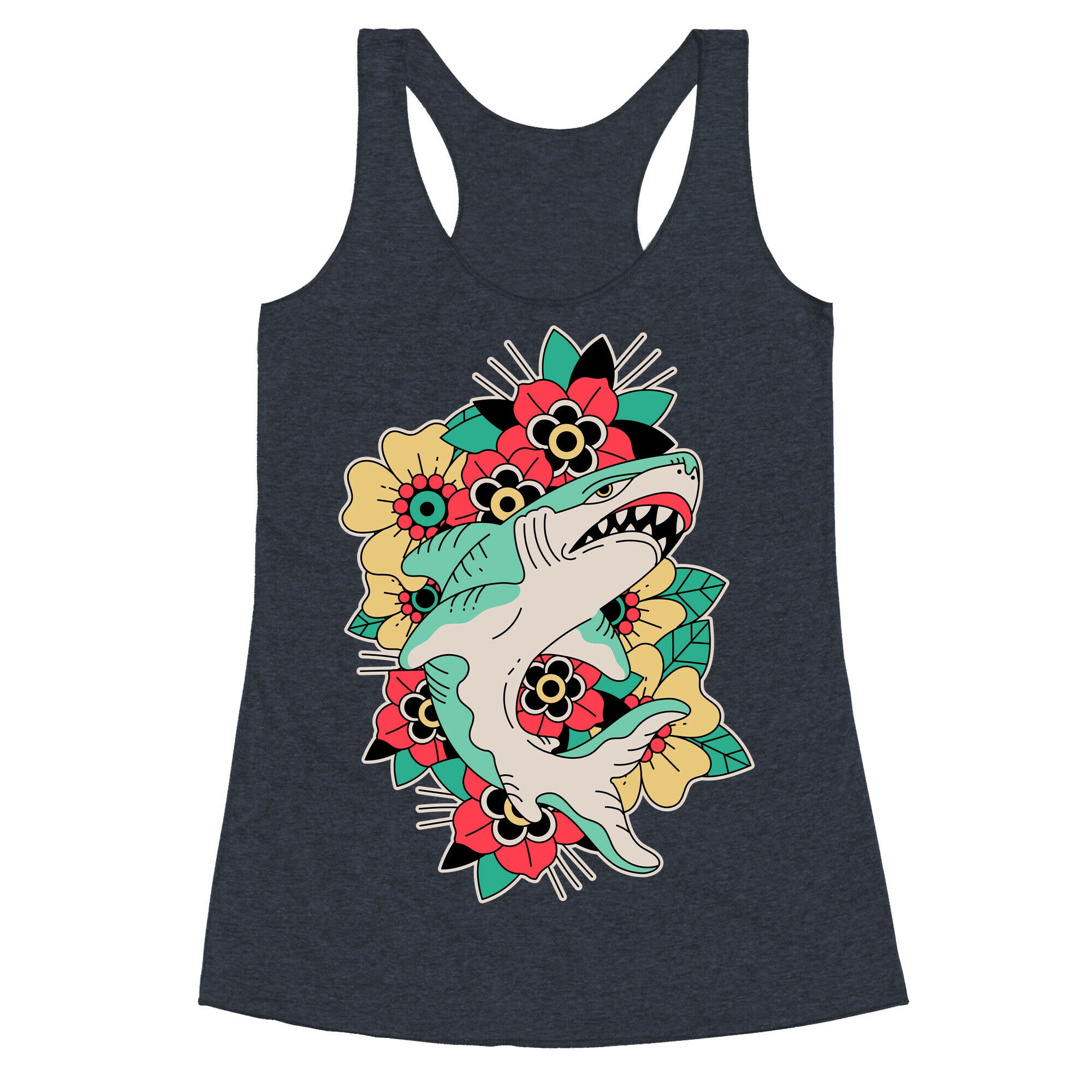 Floral Shark Traditional Tattoo Racerback Tank