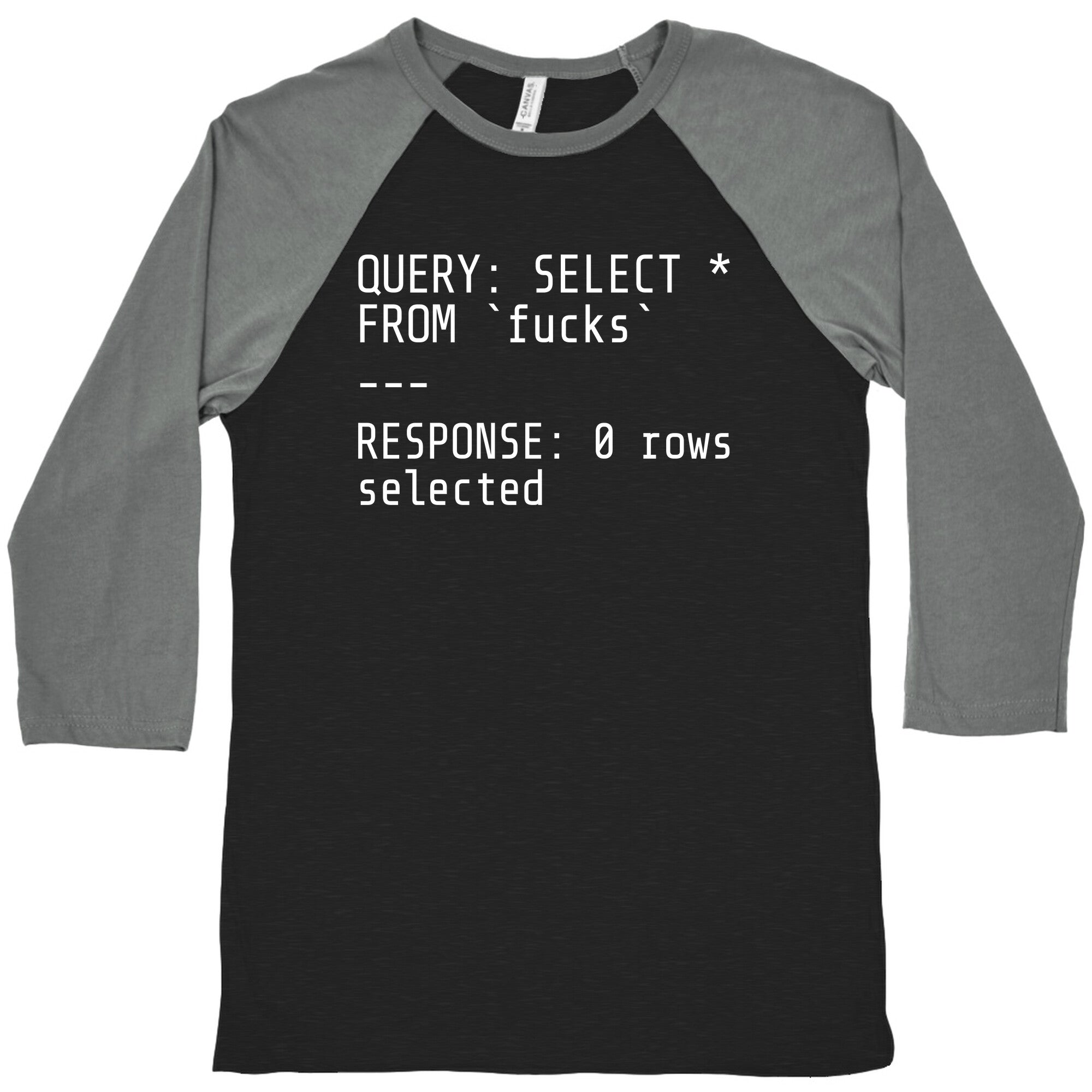 QUERY: SELECT* FROM 'fucks' -- RESPONSE: 0 rows selected Baseball Tee